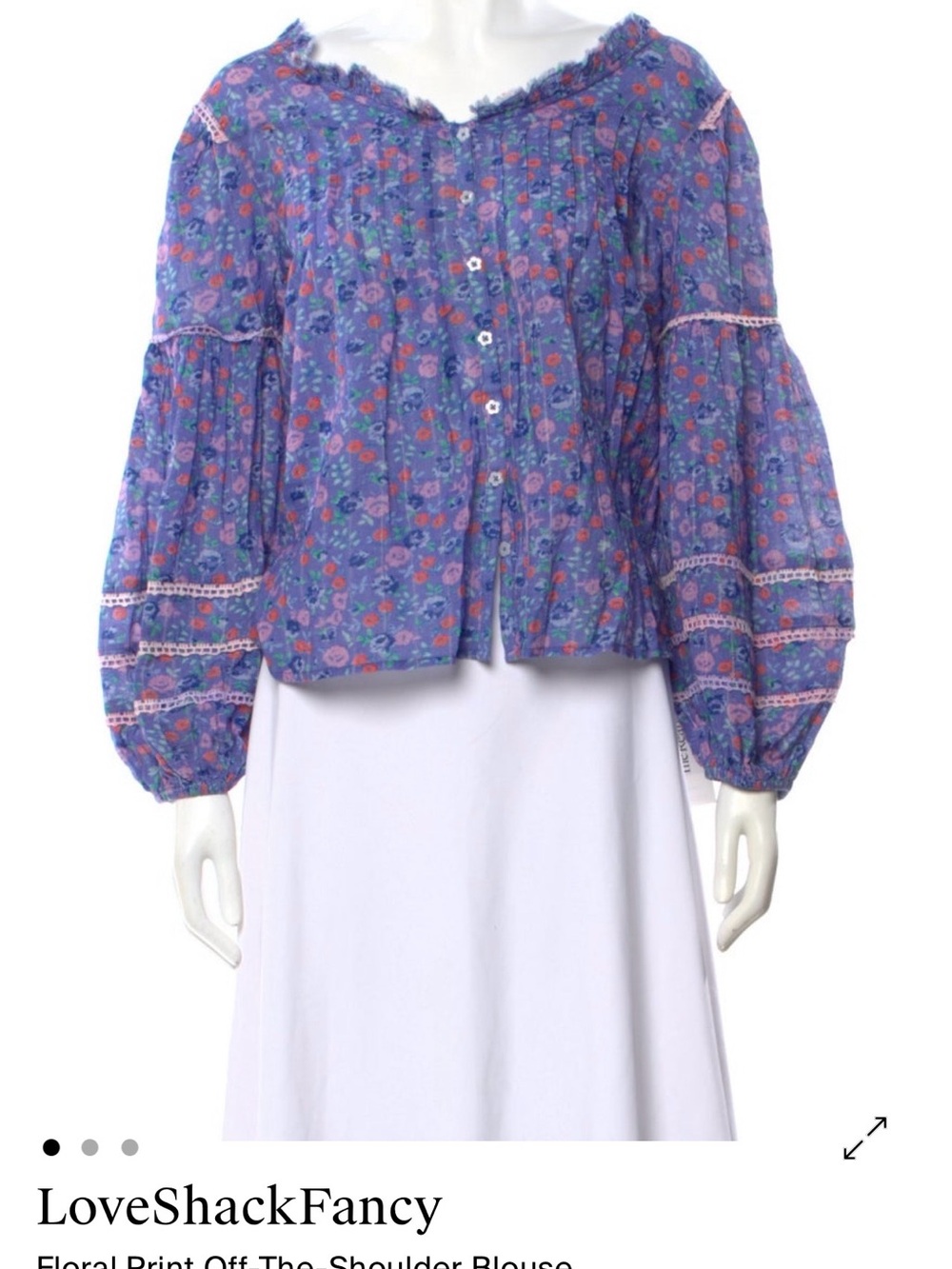 LoveShackFancy Lavender Floral Button-Front Off-Shoulder Blouse